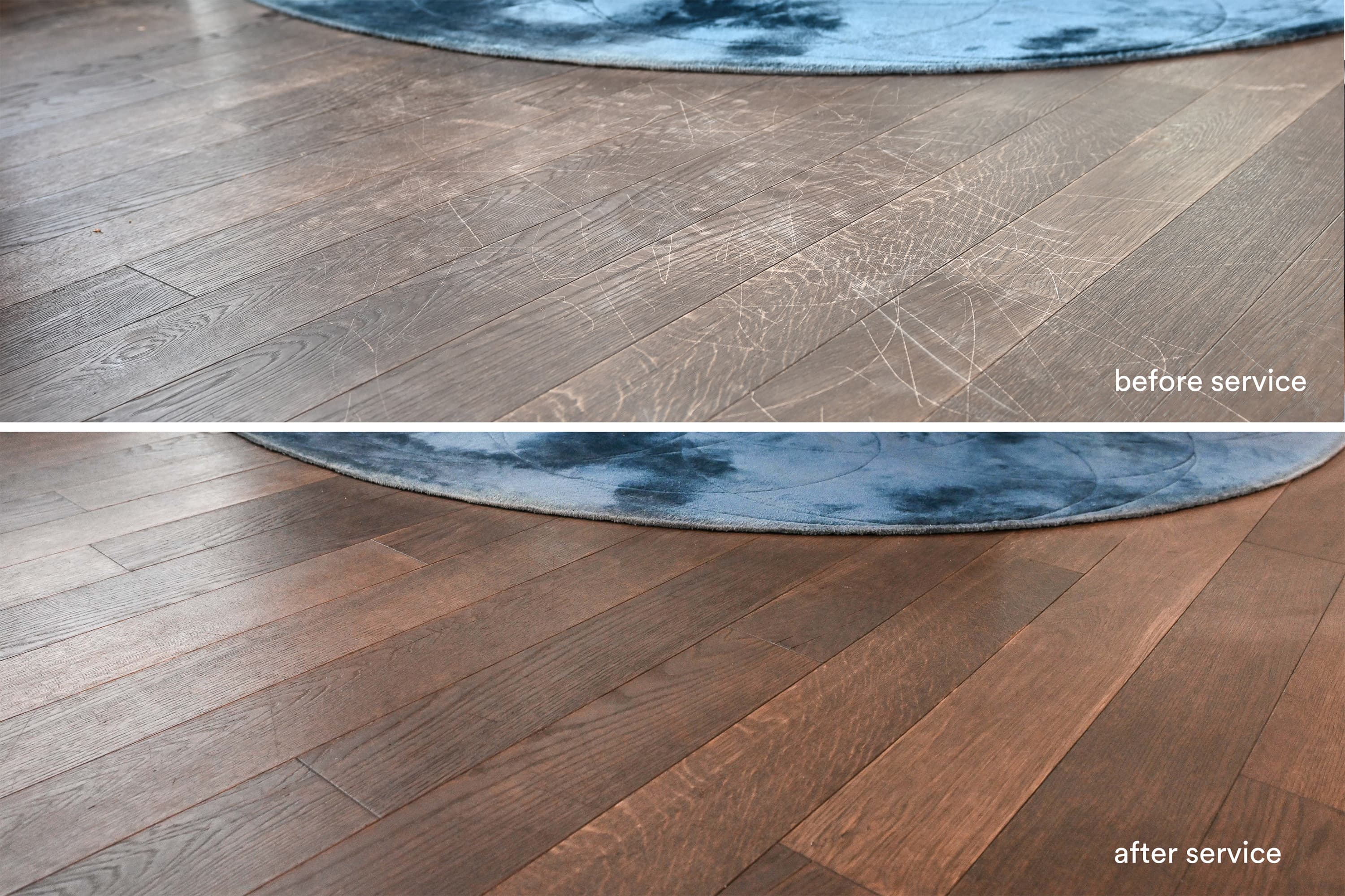 Before and after view of scratched wood flooring restored to a smooth finish